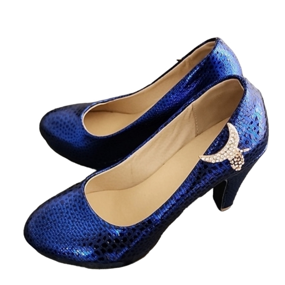 METALLIC COBALT BLUE VEGAN Platform Pumps 8 Heels Gold CZ Moon Charms Chunky - Picture 4 of 16